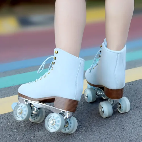 Miniatura 3 de Patines de ruedas para mujer o hombre con topes de goma ajustables en altura, patines retro de gamuza cuádruples para exteriores e interiores Azul
