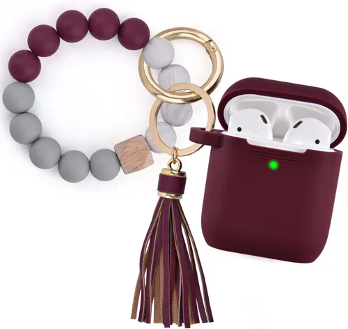Filoto Compatible con funda para Airpod, bonita funda 2/1 para mujer, funda protectora de silicona con llavero de pulsera (borgoña)