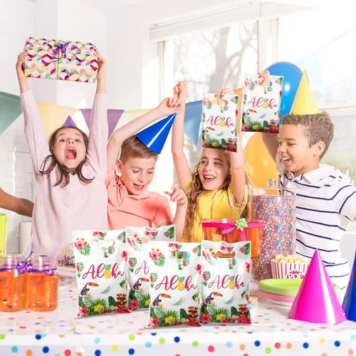 Miniatura 6 de PerKoop 100 bolsas de regalo hawaianas de plástico Aloha bolsas de regalo Luau para fiestas con asas para verano, tropical, cumpleaños, vacaciones