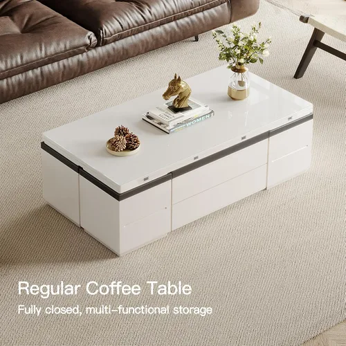 Miniatura 6 de Mesa auxiliar elevable con 4 taburetes, mesa de centro moderna de 47 pulgadas que se convierte en mesa de comedor con ruedas y cajones, mesa central