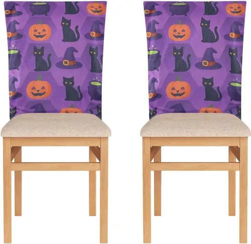 Seat Covers for Dining Room Chairs for Family Gatherings (Scenario) Set of 2 Washable Dining Chair Cover Halloween Pattern Black Cats Pumpkin Purple