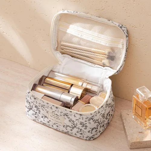 Miniatura 2 de HBselect Bolsa de Maquillaje Acolchada, Bolsa de Maquillaje Grande de Algodón para Viaje, Lindas Bolsas de Maquillaje con Flores Coquette, Bolsas