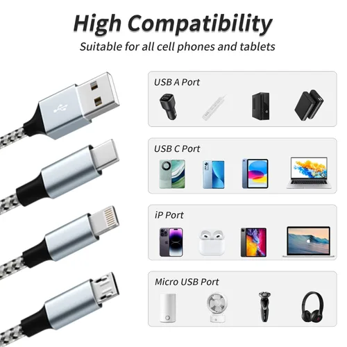 Miniatura 3 de Cable de carga múltiple (paquete de 2 de 4 pies), cable de carga múltiple de nailon trenzado para múltiples dispositivos, cable de carga 3 en 1