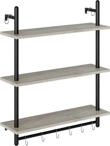Miniatura 9 de Bestier Estantería Industrial de Tubería de 3 Niveles, Estantes Flotantes para Libros para Pared, Estantes Colgantes de Almacenamiento con Barra Gris