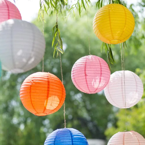 Miniatura 7 de Linternas de papel de estilo chino, juego de 5, adecuadas para decoración de fiestas (azul claro, 12 pulgadas)