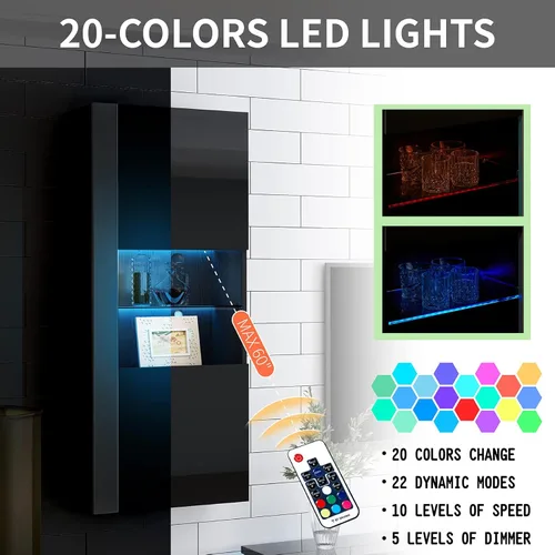 Miniatura 4 de AMERLIFE Armarios de almacenamiento de pared con luces LED, armarios colgantes modernos de alto brillo con 4 puertas cerradas y estantes de vidrio