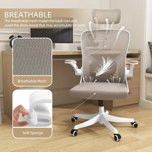 Miniatura 3 de Monhey Silla de oficina ergonómica, de 90° a 125° con inclinación trasera para el hogar, silla de escritorio con ruedas giratorias y silenciosas