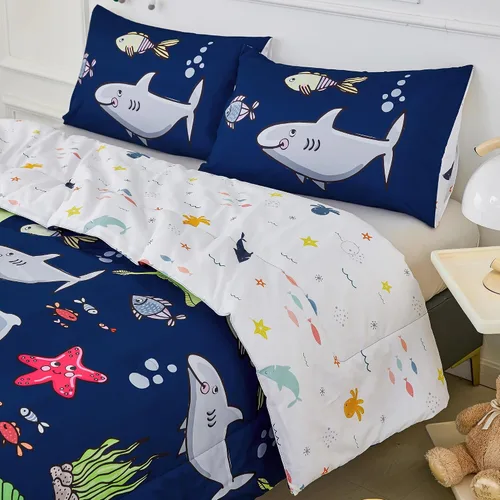 Miniatura 6 de RYNGHIPY Juego de ropa de cama para cama individual para niños, reversible, con estampado de animales marinos, juego de edredón para niños y niñas