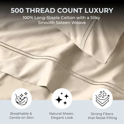 Miniatura 2 de Sábanas de Cama de Algodón 100% Natural Juego de Sábanas Cal King de Tejido Satén de Una Sola Capa 500 TC Ropa de Cama Sólida Suave e Crema Beige