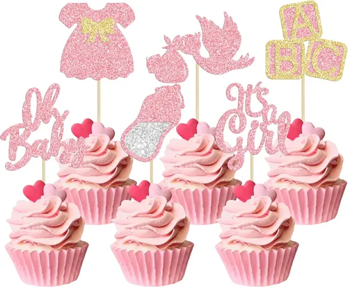 Miniatura 16 de 24 piezas de decoración para cupcakes de baby shower Oh Baby con moño, botella para niño, azul profundo, purpurina para pasteles, decoraciones