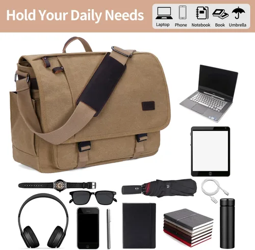 Miniatura 8 de NerIion Bolsa de Mensajero para Hombres de 17-17.3 Pulgadas, Bolsa de Laptop de Lona Resistente al Agua, Bolsa de Hombro, Maletín de Trabajo, Marrón
