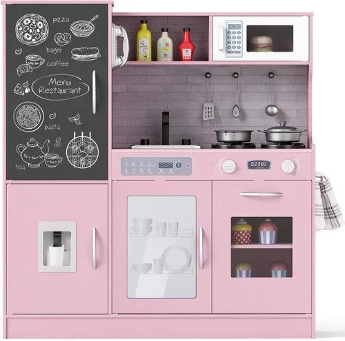 Miniatura 8 de Costzon Juego de cocina para niños, gran juego de juguetes de cocina de chef de madera con sonidos y luces reales, microondas, pizarra, horno, Rosa
