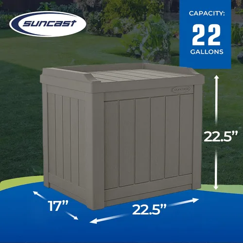 Miniatura 3 de Suncast Caja de almacenamiento pequeña de 22 galones para patio trasero o exterior, con atractivo asiento de banco y tapa reforzada, color piedra