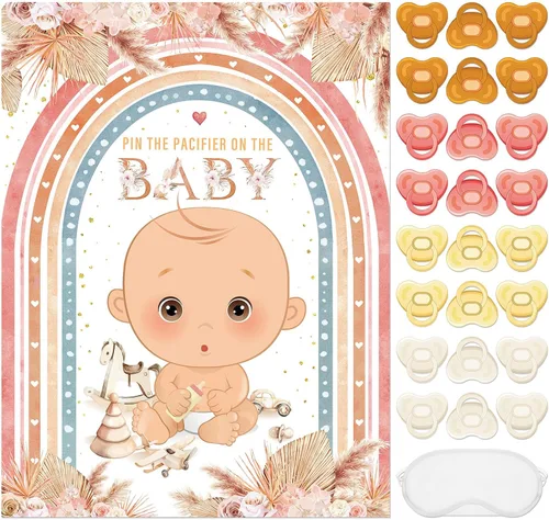Faccito Pin The Pacifier Juego de Baby Shower Decoraciones de Fiesta de Baby Shower Incluye Póster Grande 24 Calcomanías de Chupete Venda para los