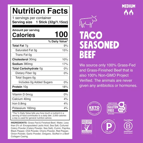 Miniatura 2 de Chomps Tiras de cecina de res alimentadas con pasto y terminadas en tacos, paquete de 10 - Keto, Paleo, Whole30, 10g de proteína de carne magra, sin