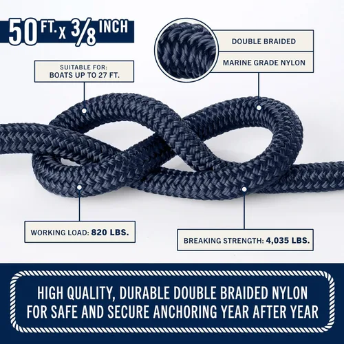 Miniatura 2 de RainierSupplyCo - Cuerda de anclaje para barco, línea de anclaje de cuerda marina de doble trenzada, línea de navegación de nailon de 50 pies x 3/8