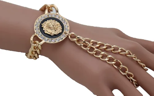 Miniatura 5 de Pulsera de cadena de mano para mujer, diseño de león, anillos de esclavo, metal dorado, Metal