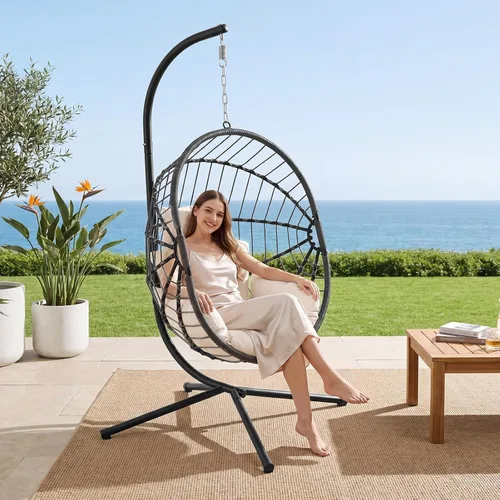 Miniatura 13 de LEX CRAFT Silla colgante de huevo con soporte, silla de huevo oscilante para exteriores e interiores, silla colgante con cojín, silla hamaca