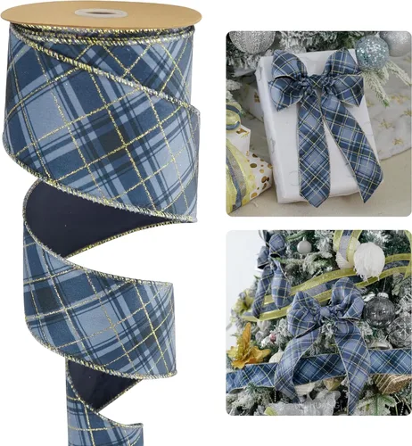 Miniatura 12 de HUIHUANG Cinta con alambre con purpurina de copo de nieve, cinta de copo de nieve azul y blanca para árbol de Navidad, 2-1/2 pulgadas x 25 yardas