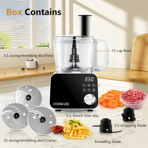 Miniatura 9 de Procesador de Alimentos COOKLEE, 600 Vatios, Cortador de Alimentos Eléctrico de 6 Funciones para Picar, Picar Fino, Cortar en Cubos, Rallar, Cortar