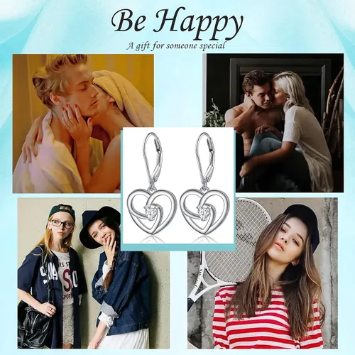Miniatura 5 de Aretes de plata fina 925 en forma de corazón colgante para mujeres y niñas.