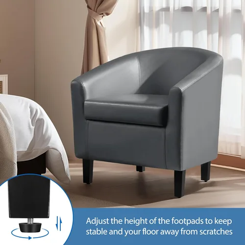 Miniatura 7 de Yaheetech Silla de barril de piel sintética, moderna silla de acento con patas resistentes de madera, silla de club de piel sintética, cómoda silla
