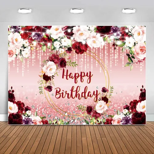 Sensfun Telón de fondo de cumpleaños floral burdeos con diseño de lunares con purpurina y diseño floral de feliz cumpleaños para mujeres y niñas,