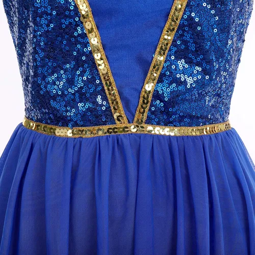 Miniatura 5 de ODASDO Vestido de baile con lentejuelas brillantes para mujer, con tirantes delgados, malla alta y baja, de tul lírica, moderno, contemporáneo