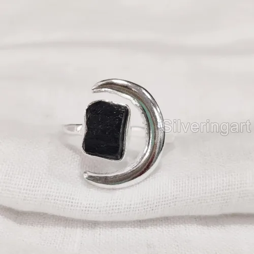 Anillo de turmalina negra natural, anillo ajustable de luna creciente de turmalina áspera, octubre, plata de ley 925, anillo para mujer, Navidad,
