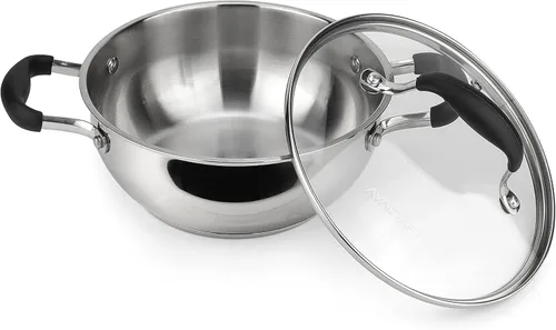 Miniatura 2 de AVACRAFT Sartén de Acero Inoxidable 18/10 para Uso Diario, Sartén Wok con Base de Cinco Capas, Sartén de Chef con Tapa de Vidrio, Sartén Multiusos