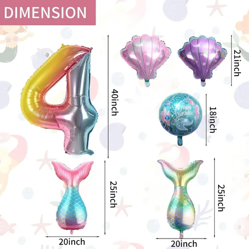 Miniatura 2 de Decoraciones de cumpleaños de 4º sirena, kit de globos de color rosa y azul, globos de cola de globo marino para niñas, fiesta de sirena, baby