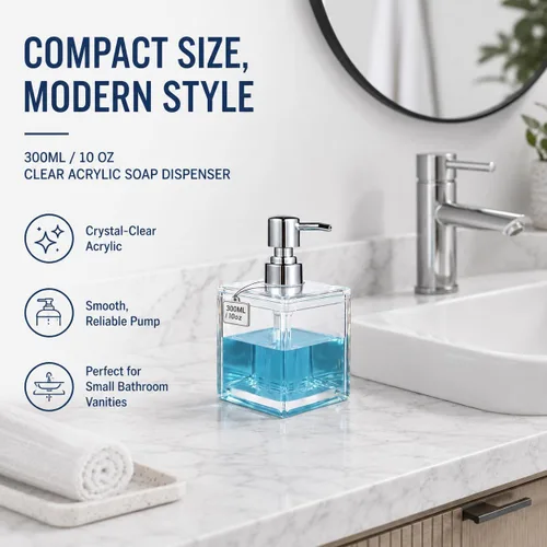Miniatura 2 de LGURT Dispensador de jabón acrílico transparente cuadrado de 10.1 fl oz con bomba, dispensador de jabón de manos compacto recargable para encimera