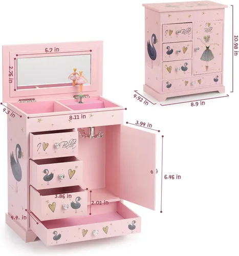 Miniatura 3 de Joyero grande para niñas, caja musical de 5 capas con puerta batiente, bailarina giratoria, juego de joyas de unicornio incluido, caja organizadora