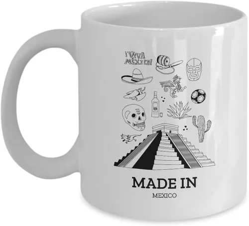 EzGift Taza hecha en México, regalo linda para el orgullo mexicano, bandera patriótica de país, orgullosa, divertida, pirámide maya, taza de café y