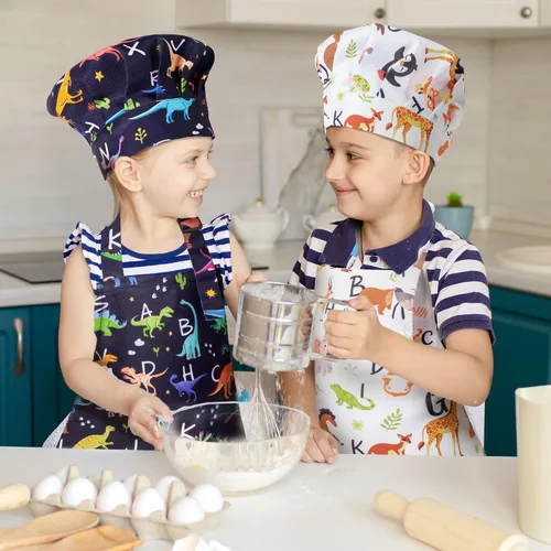 Miniatura 5 de Juego de 4 delantales y sombrero de chef para niños, regalo para niñas y niños, con palabras del alfabeto de animales, delantales ajustables