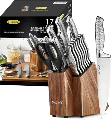 Miniatura 13 de McCook FDA Juego de cuchillos de cocina de acero inoxidable con bloque de madera y tijeras de cocina multiusos Púrpura/Negro