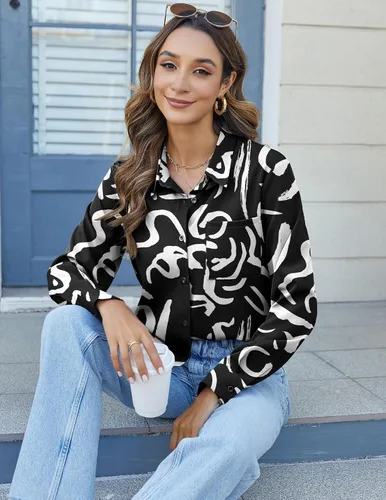 Miniatura 4 de HOTOUCH Camisas de botones de manga larga para mujer, camisas de vestir casuales con cuello en V y cuello, tops para trabajo de oficina, blusa