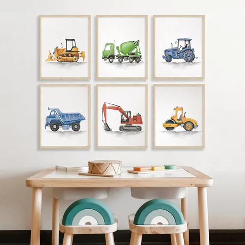 Miniatura 6 de Joocrise Juego de Arte de Pared de Camiones para Niños Set de 6 Decoración de Pared en Lienzo de Vehículos Camiones Arte de Pared de Construcción