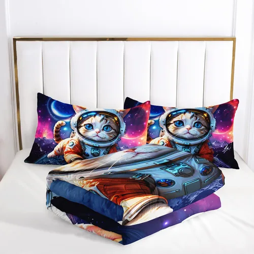 Miniatura 5 de AILONEN Juego de edredón de gato astronauta, tamaño individual, hermoso juego de ropa de cama cósmico estrellado para dormitorio, juego de edredón