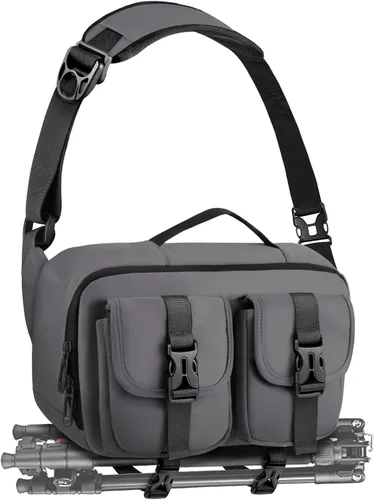 Miniatura 7 de Bolso bandolera para cámara TAAOKA, bolsa para cámara DSLR con soporte para trípode, bolsa de hombro impermeable para fotógrafos (Beige)