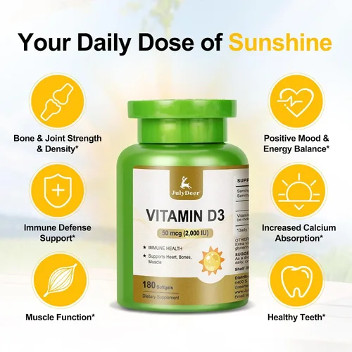 Miniatura 4 de JulyDeer Vitamina D3 2000 UI (50 mcg) 180 cápsulas blandas Apoya la salud inmunológica, la absorción de calcio y la fuerza ósea Esencial
