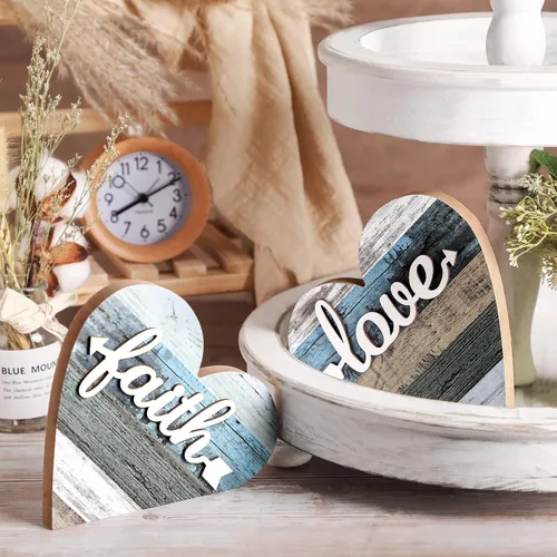 Miniatura 5 de Jetec 2 piezas de decoraciones rústicas de mesa para sala de estar, hogar, granja, centros de mesa, pequeños adornos de corazón de madera con amor