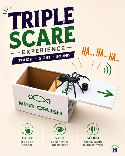 Miniatura 2 de Caja de broma de araña con sonido de risa espeluznante, regalo de miedo de araña en una caja, disfraz de caja de dulces de madera maciza, se adapta