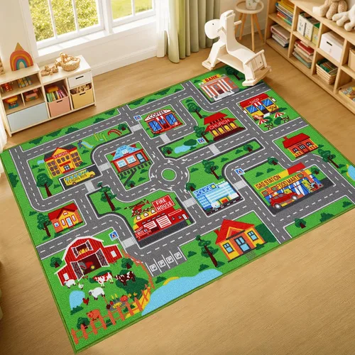 Miniatura 9 de Alfombra de juego para niños, diseño de ciudad con carreteras, 149,9 x 100,1 cm (59"x39.4"), alfombra antideslizante para autos de niños, alfombra