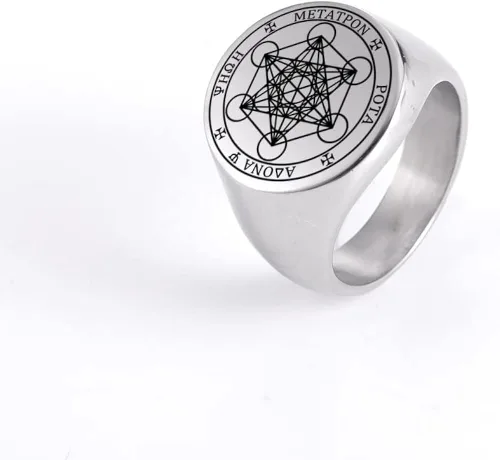 Miniatura 3 de Amaxer Metatron - Anillo de cubo para hombre, de acero inoxidable, vintage, con geometría sagrada, protección espiritual, anillo de amuleto