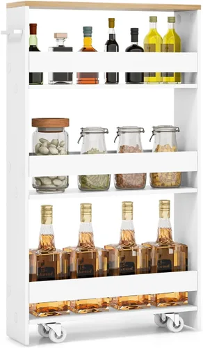 Miniatura 9 de LOKO Carrito de almacenamiento delgado, carrito rodante de 4 niveles con asa y parte superior de madera para cocina, baño, lavandería, sala de negro