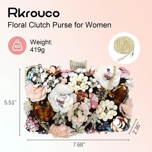 Miniatura 3 de Bolso de mano de noche floral para mujer - Bolso de flores coloridas con diamantes de imitación de metal