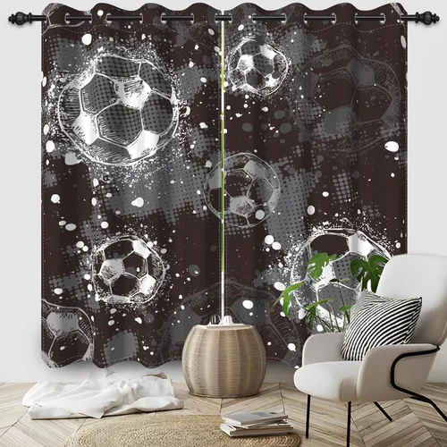 Cortinas opacas de fútbol para dormitorio de niños, con temática deportiva, para sala de fútbol, cortinas de fútbol en blanco y negro, para