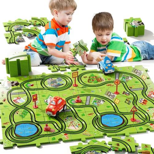 Miniatura 9 de Bennol Juego de Pistas de Autos de Carreras Rompecabezas de 56 Piezas Juguetes para Niños, Rompecabezas de Piso Pistas de Autos Regalos para Niños