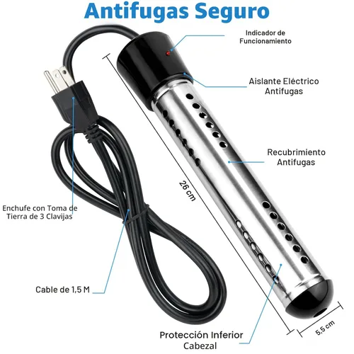 Miniatura 6 de Calentador de Agua de Inmersión Eléctrico, Calentador de Agua Caliente Portátil de 2000W con Protector de Acero Inoxidable 304 y Termómetro LCD